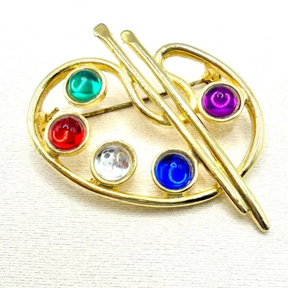 Vintage MJENT VTG Jeweled Gold Tone Artist's Paint Brush Palette Pin Brooch